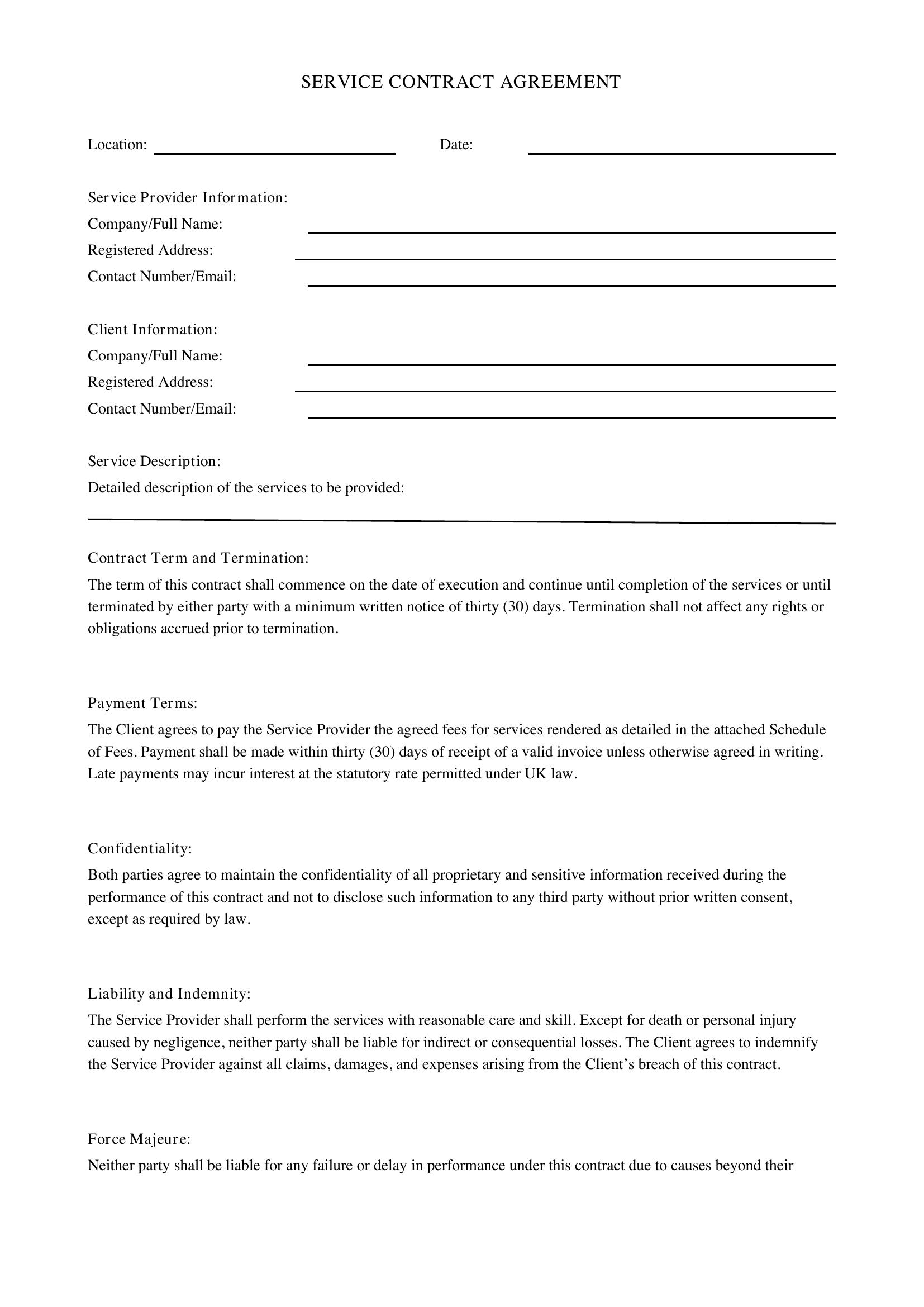 Service Contract Template - UK