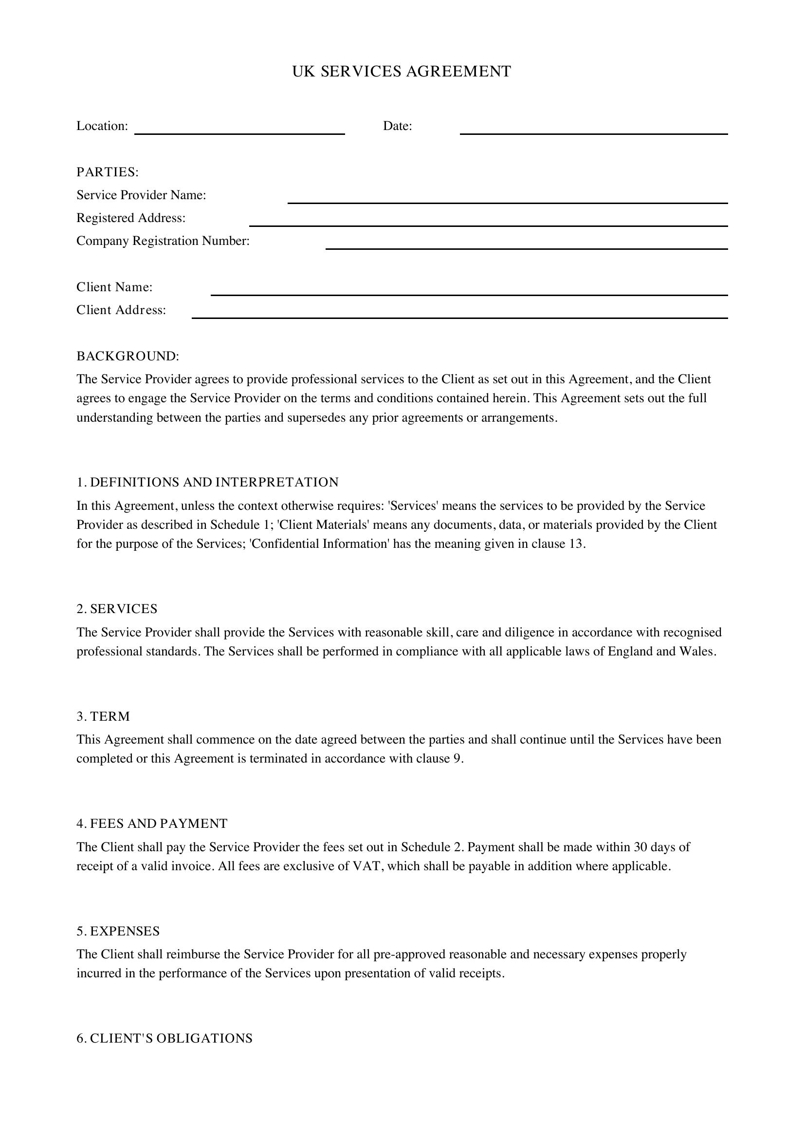 Services Agreement Template - UK