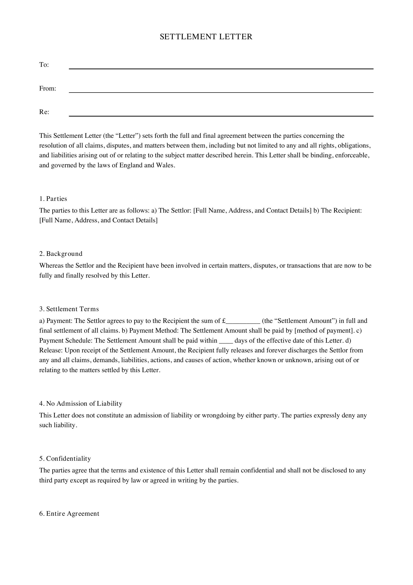 Settlement Letter Template - UK