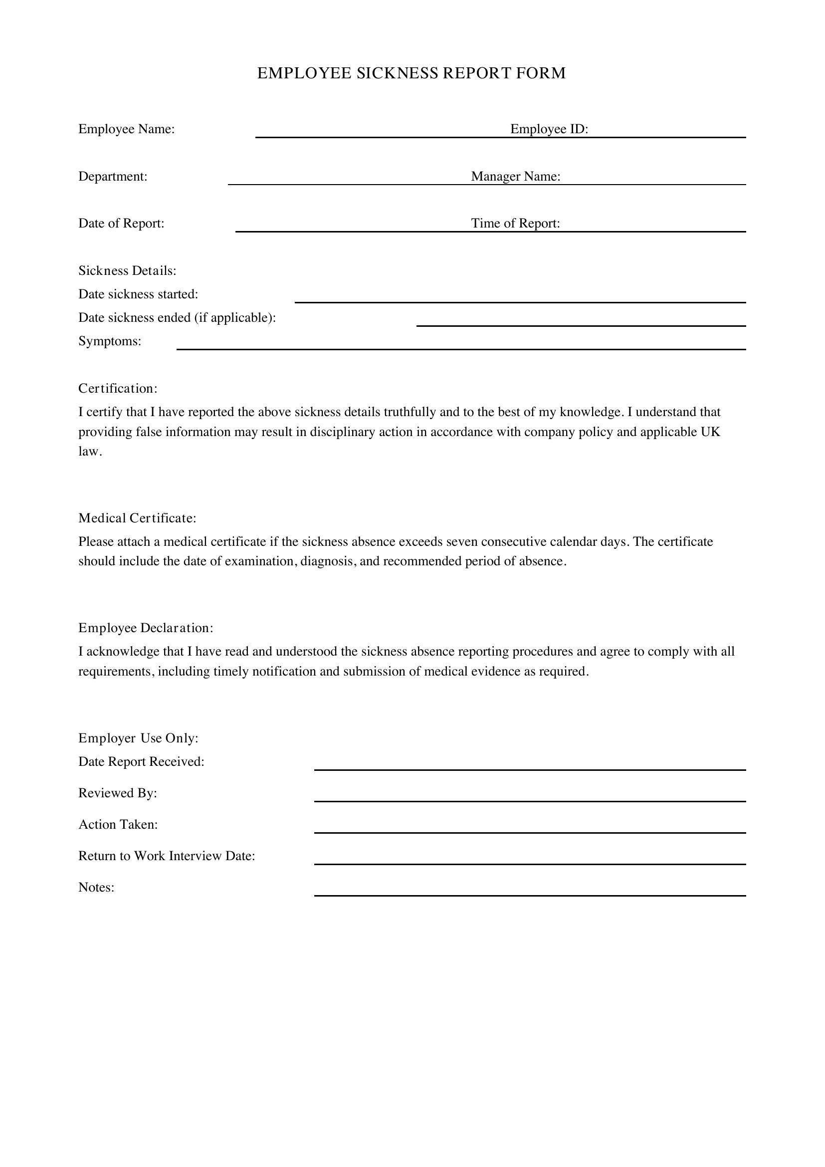 Sickness Form Template - UK