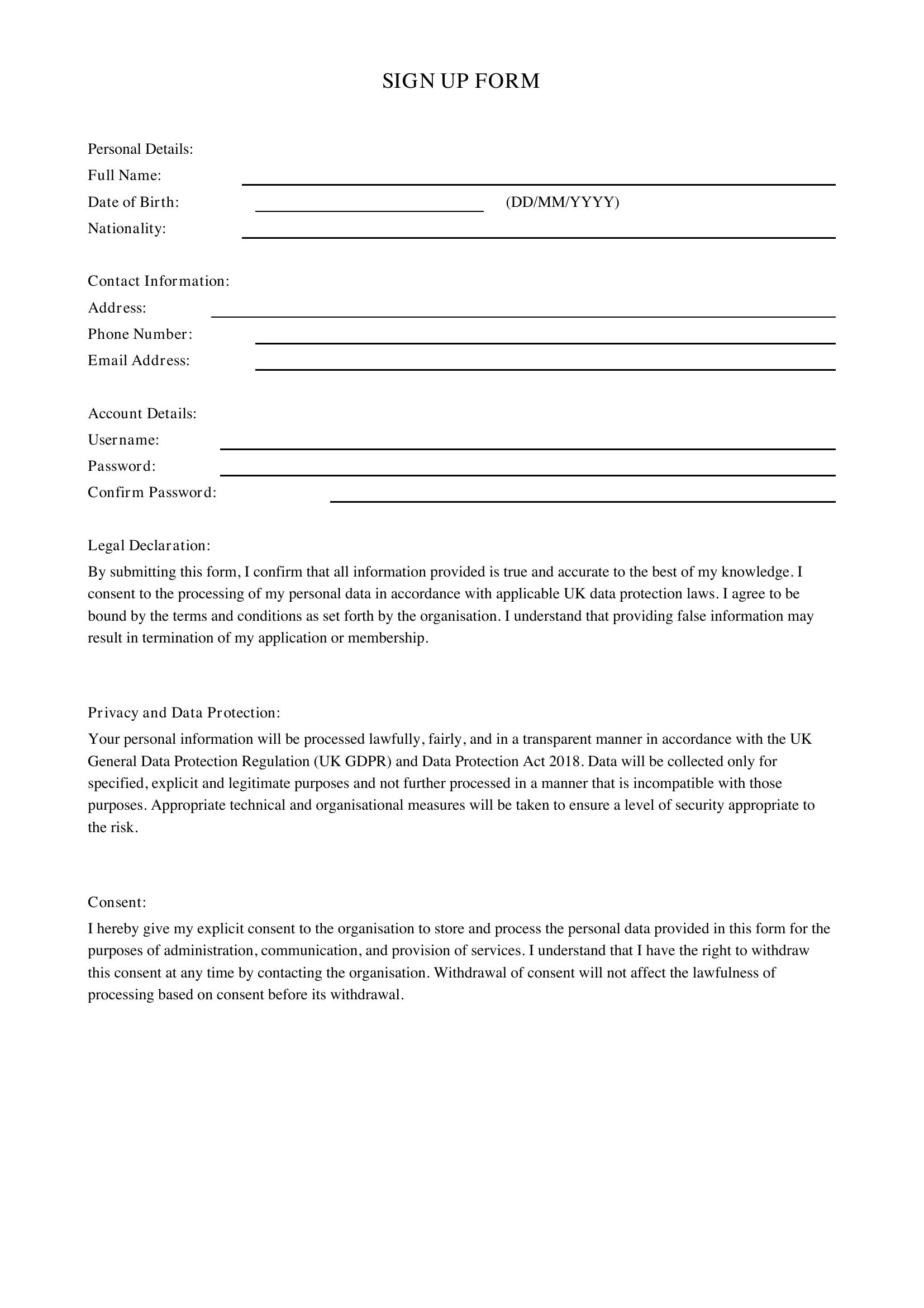 Sign Up Form Template - UK