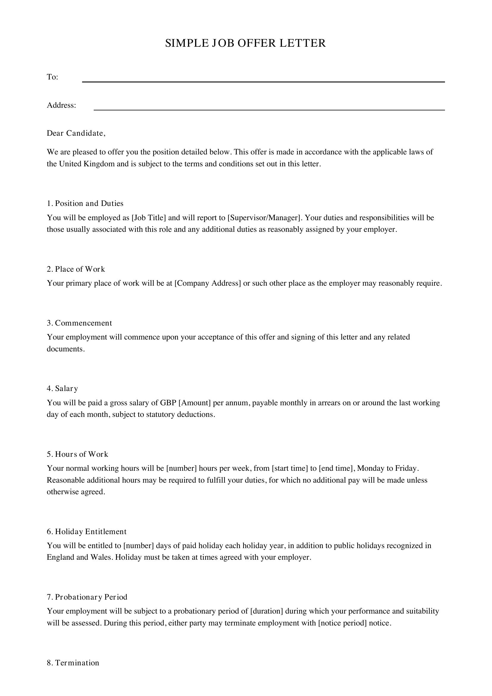 Simple Job Offer Letter Template - UK