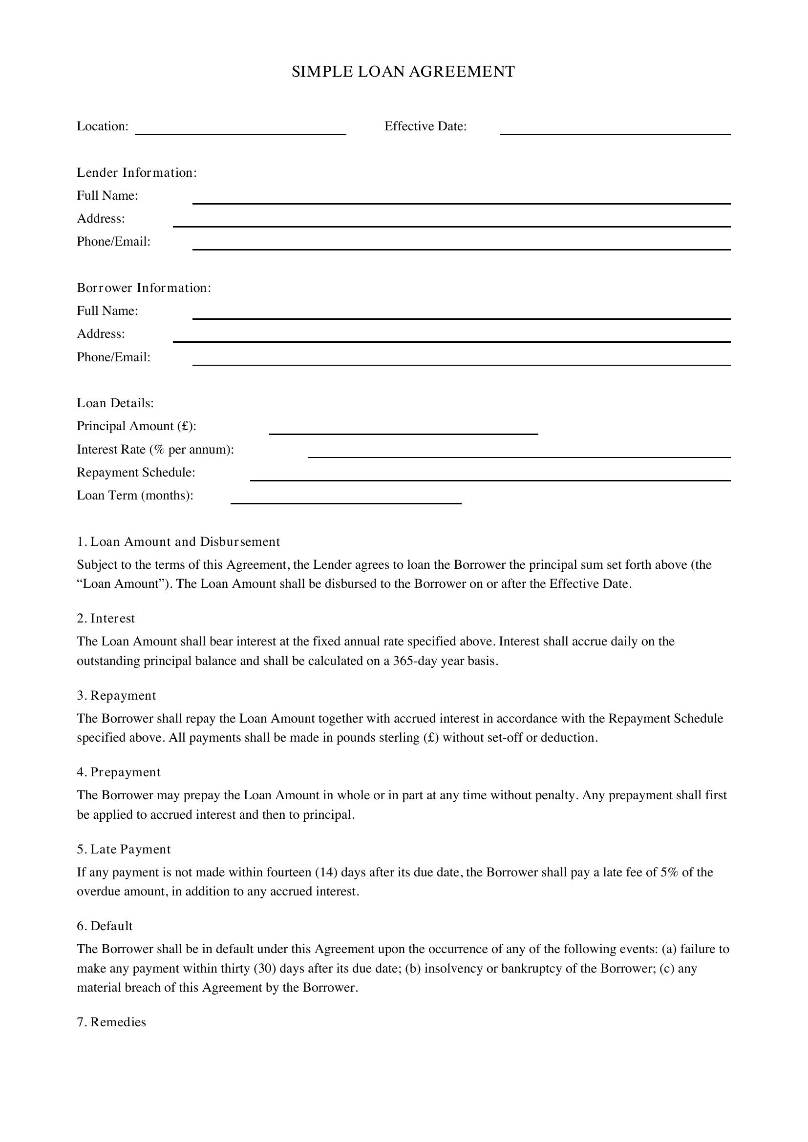 Simple Loan Agreement Template - UK