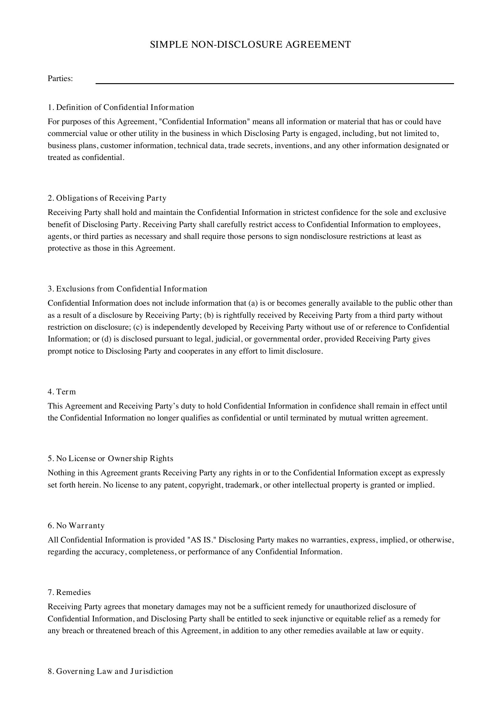 Simple Non Disclosure Agreement Template - UK