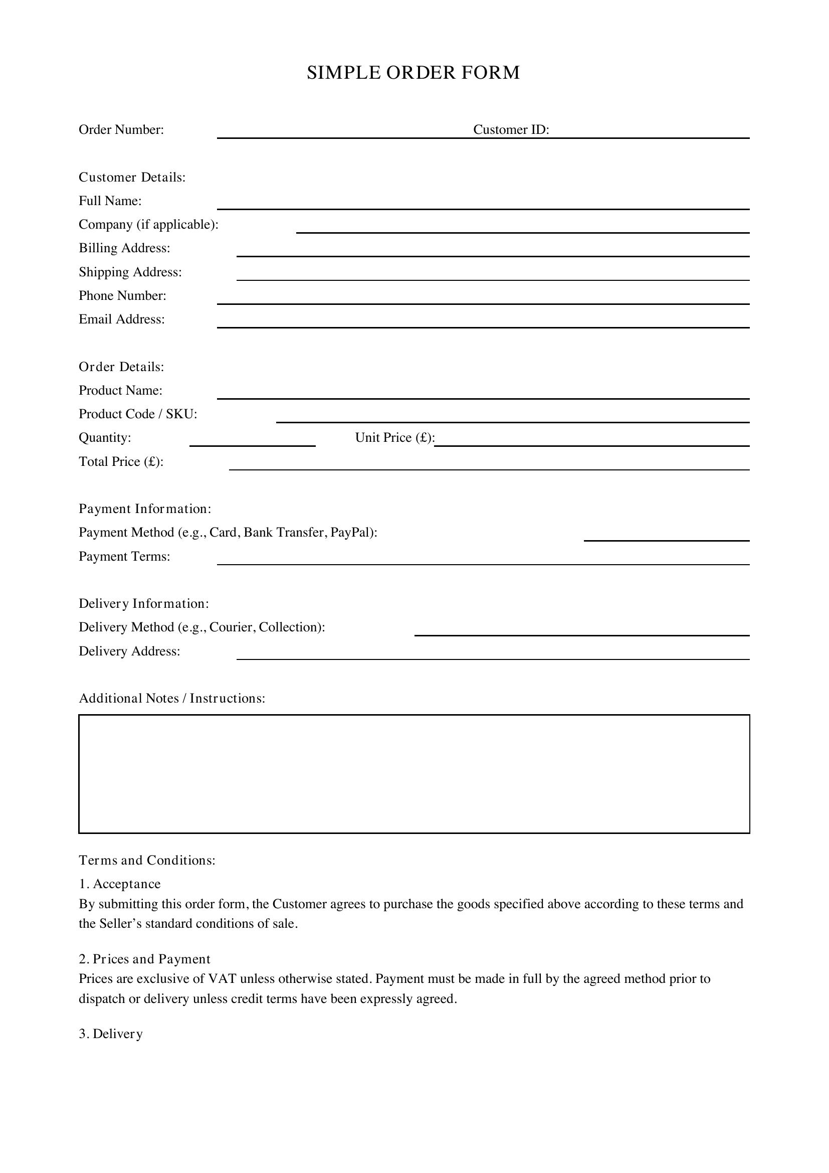 Simple Order Form Template - UK