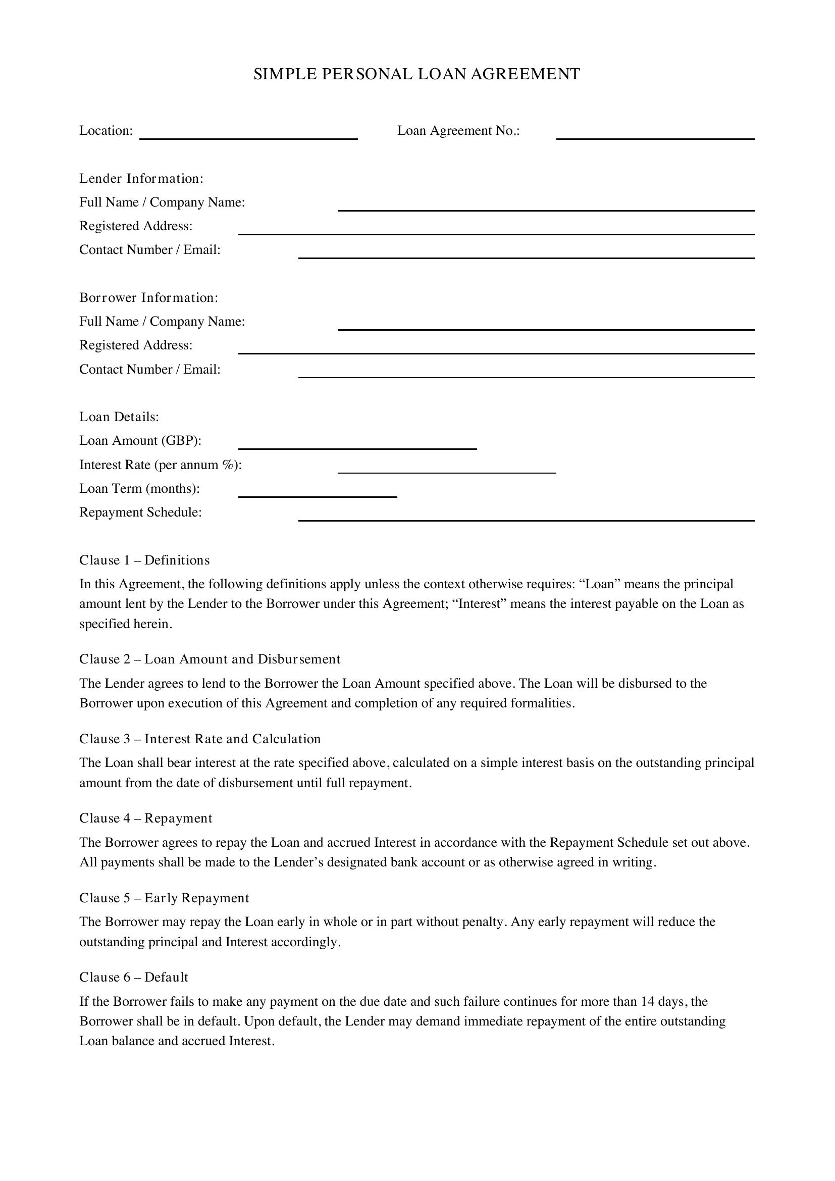 Simple Personal Loan Agreement Template - UK