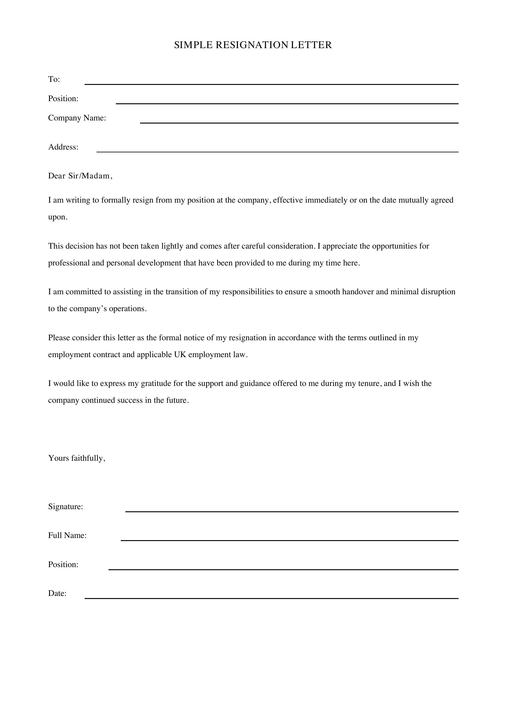 Simple Resignation Letter Template - UK