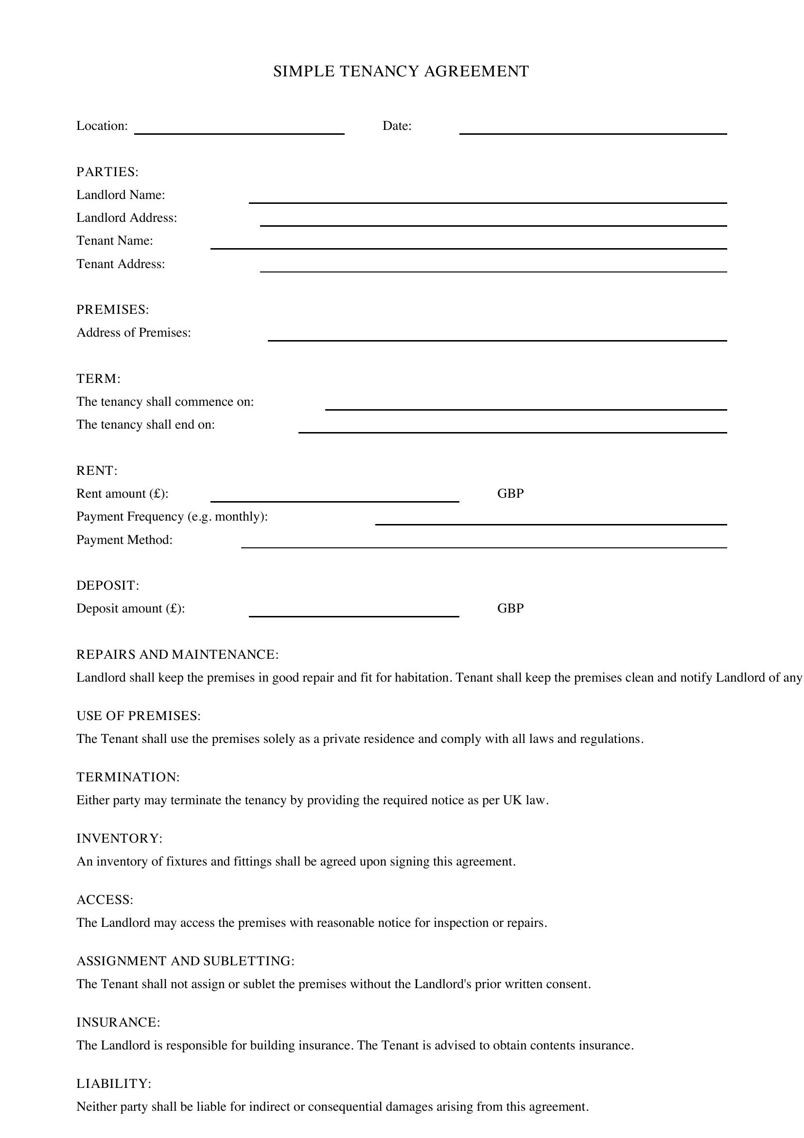 Simple Tenancy Agreement Template - UK