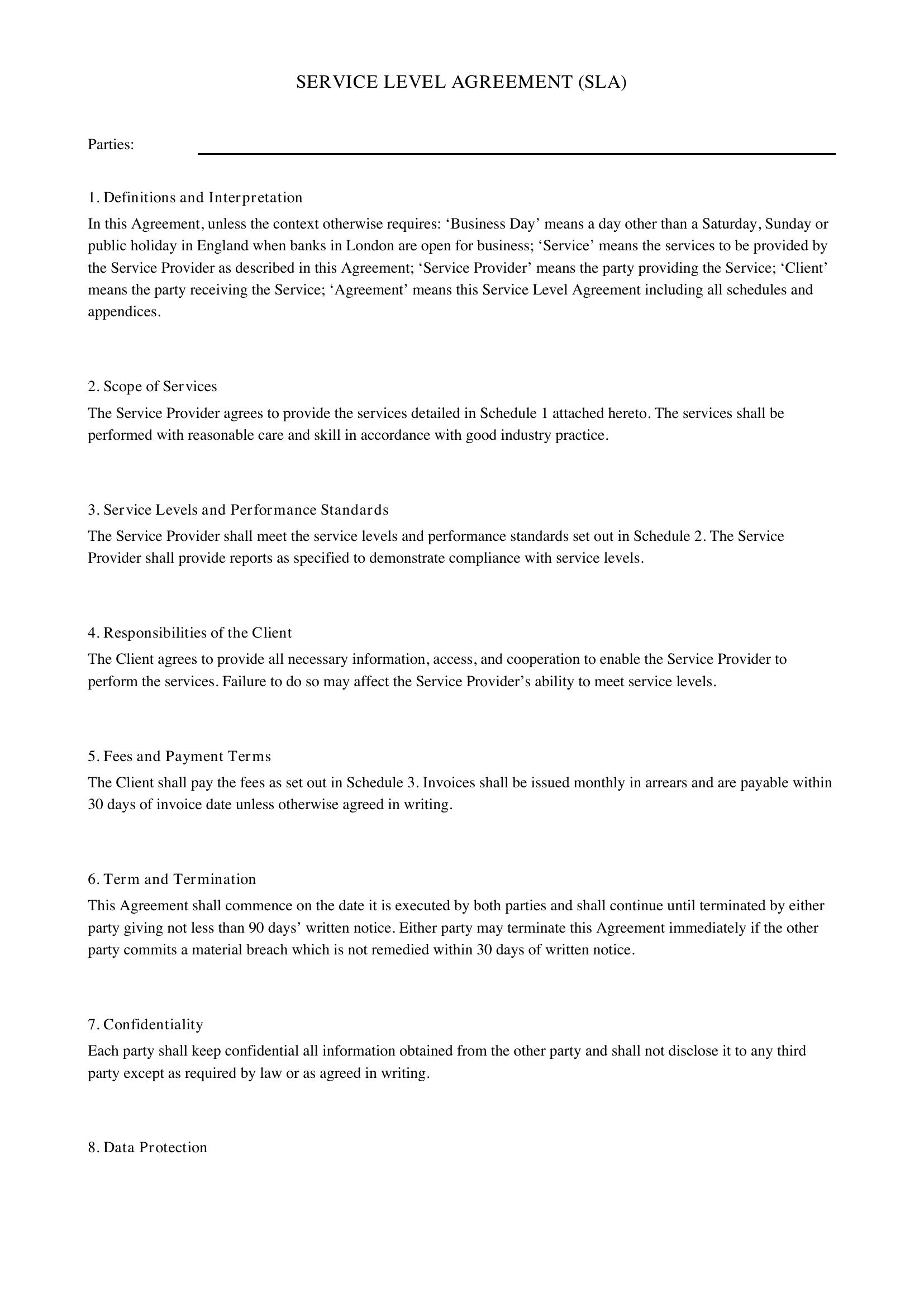 Sla Agreement Template - UK