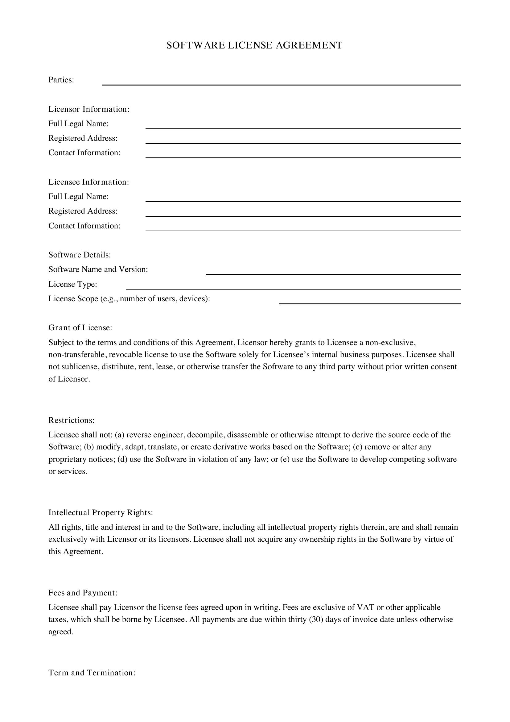 Software License Agreement Template - UK