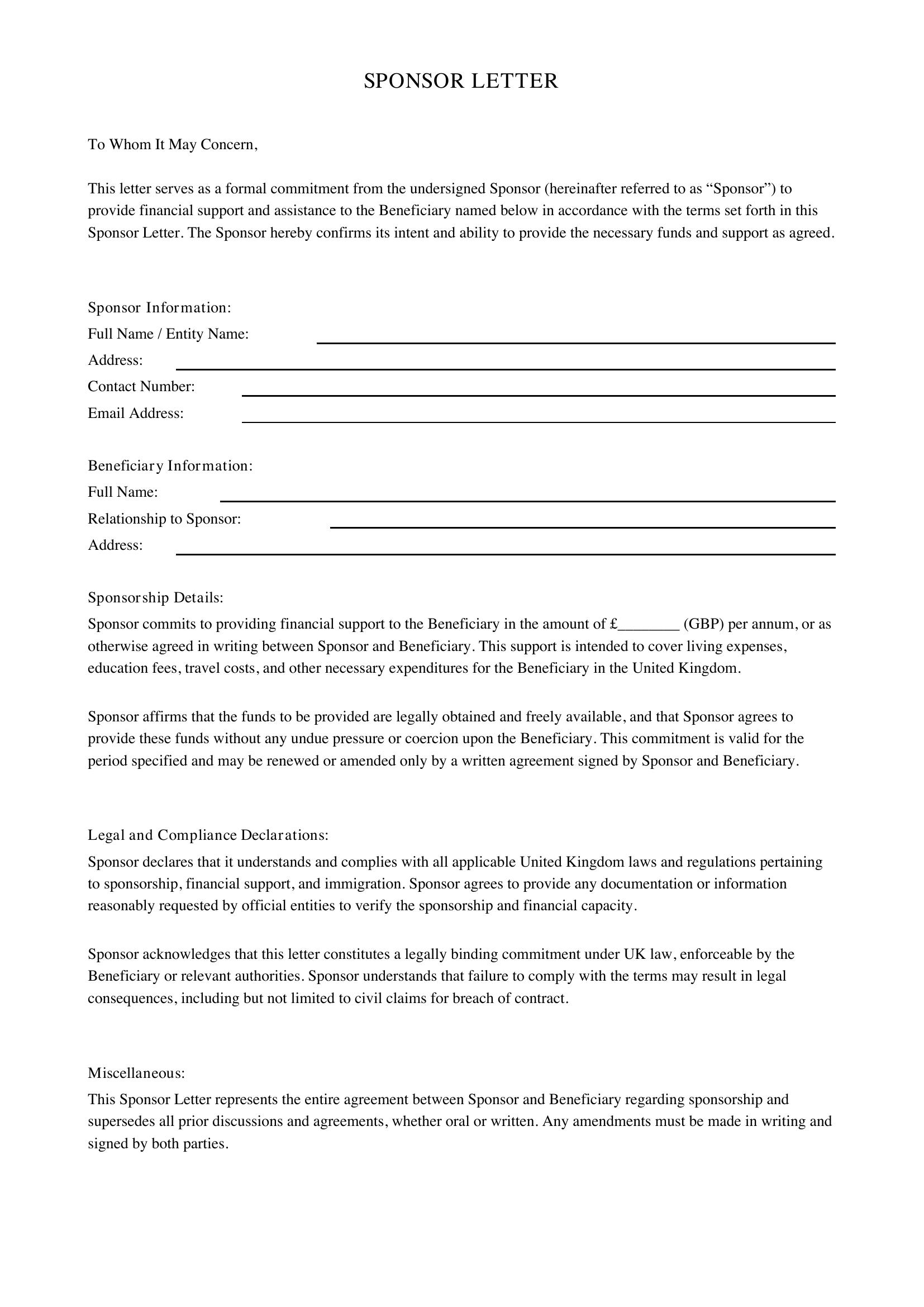 Sponsor Letter Template - UK
