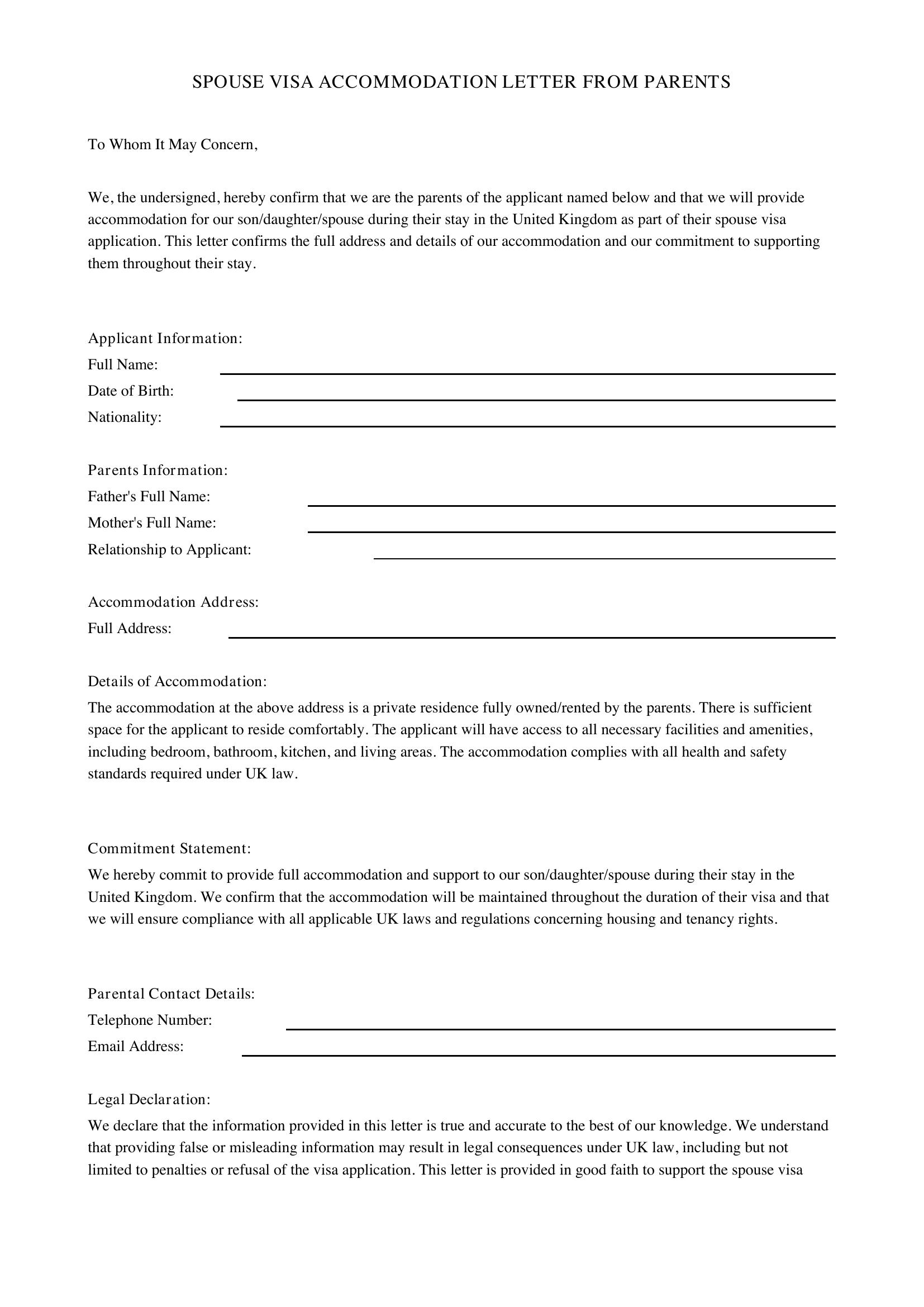 Spouse Visa Accommodation Letter From Parents Template - UK