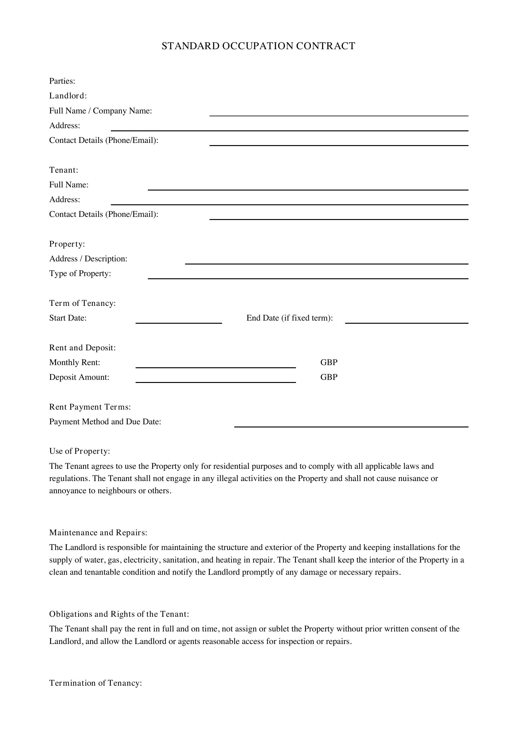 Standard Occupation Contract Template - UK