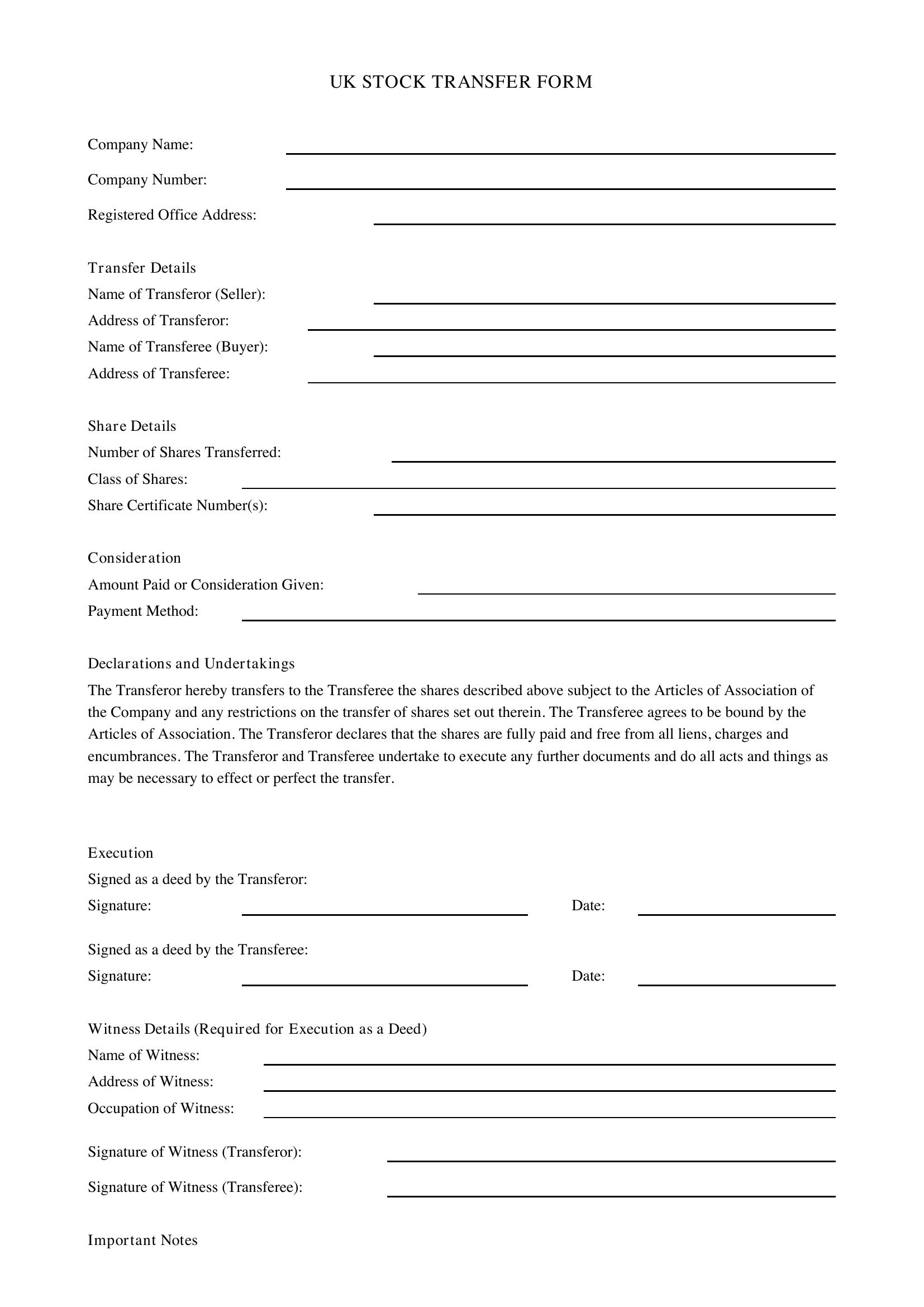 Stock Transfer Form Template - UK