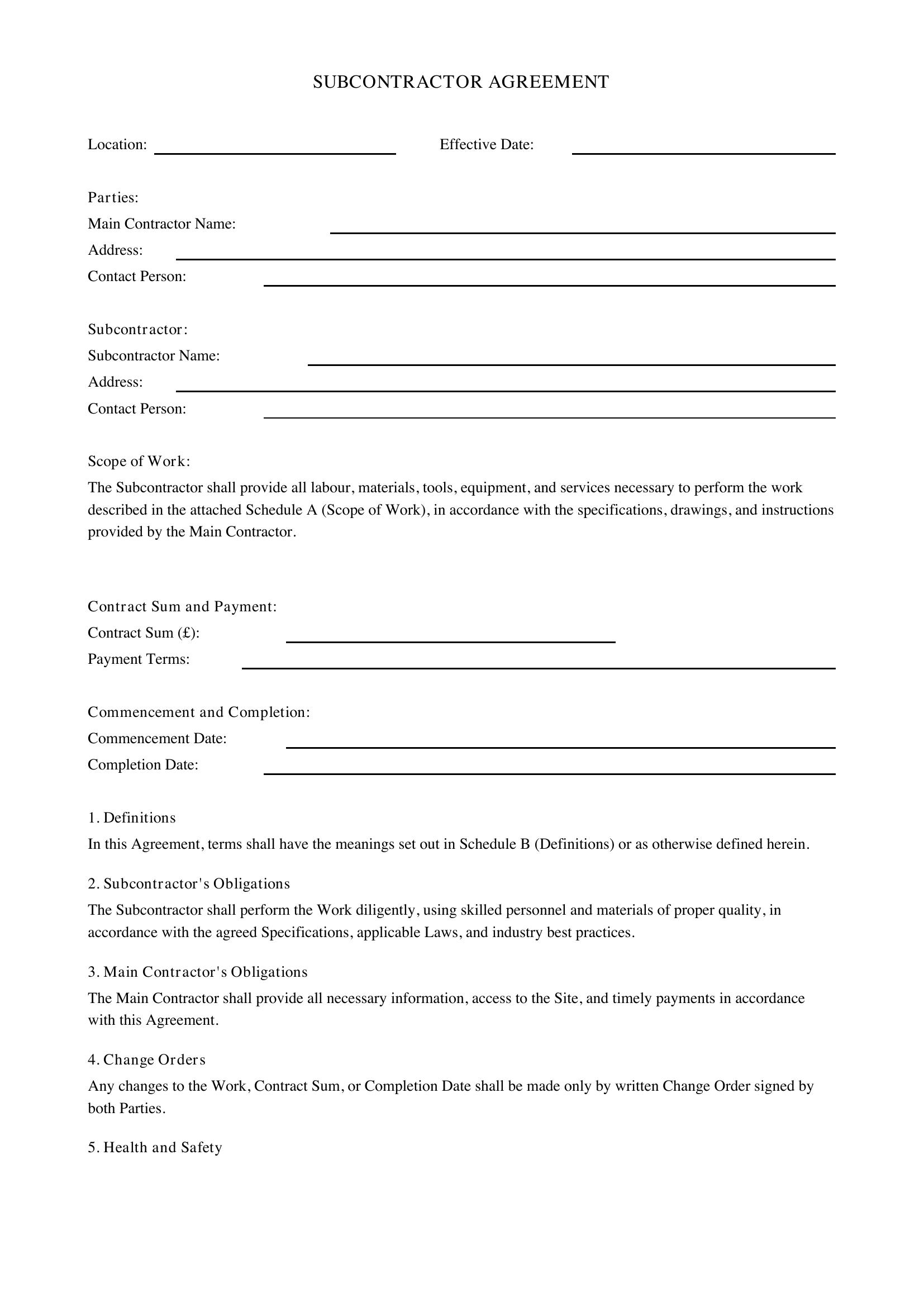Subcontractor Agreement Template - UK