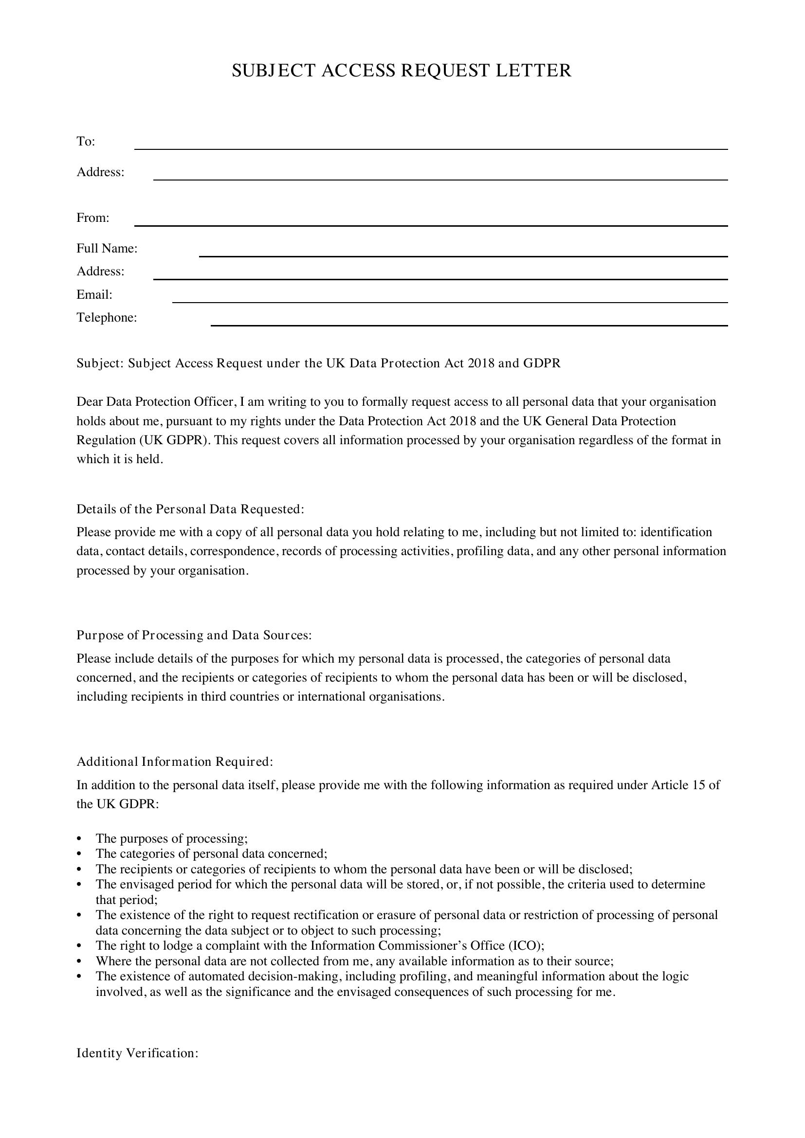 Subject Access Request Letter Template - UK