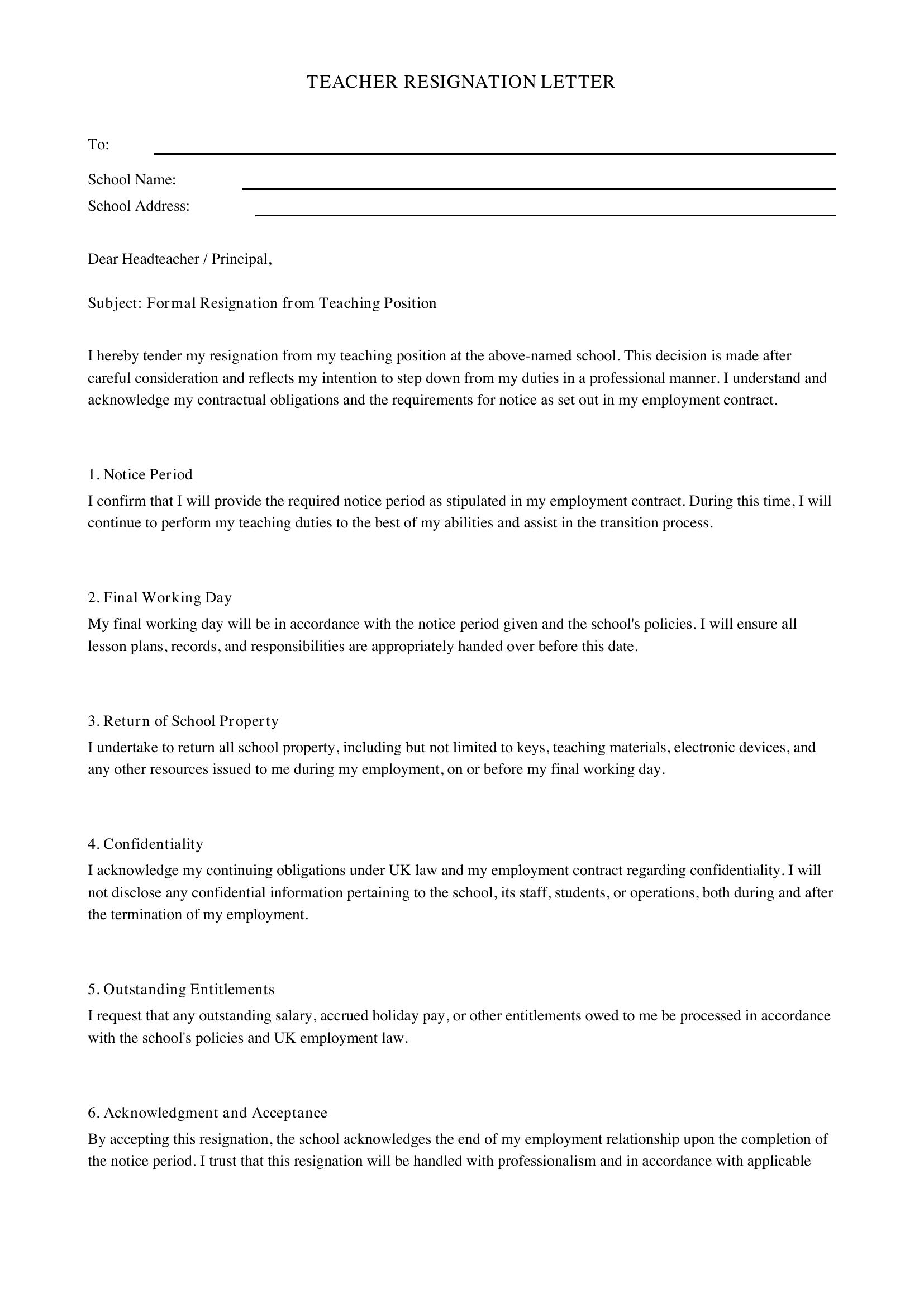 Teacher Resignation Letter Template - UK