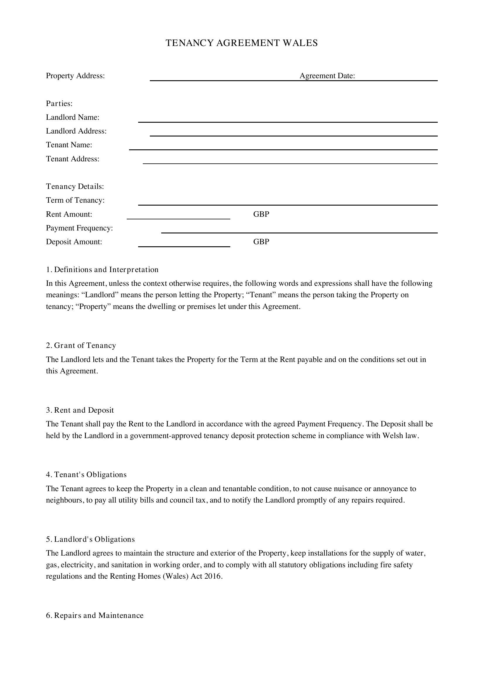 Tenancy Agreement Wales Template - UK