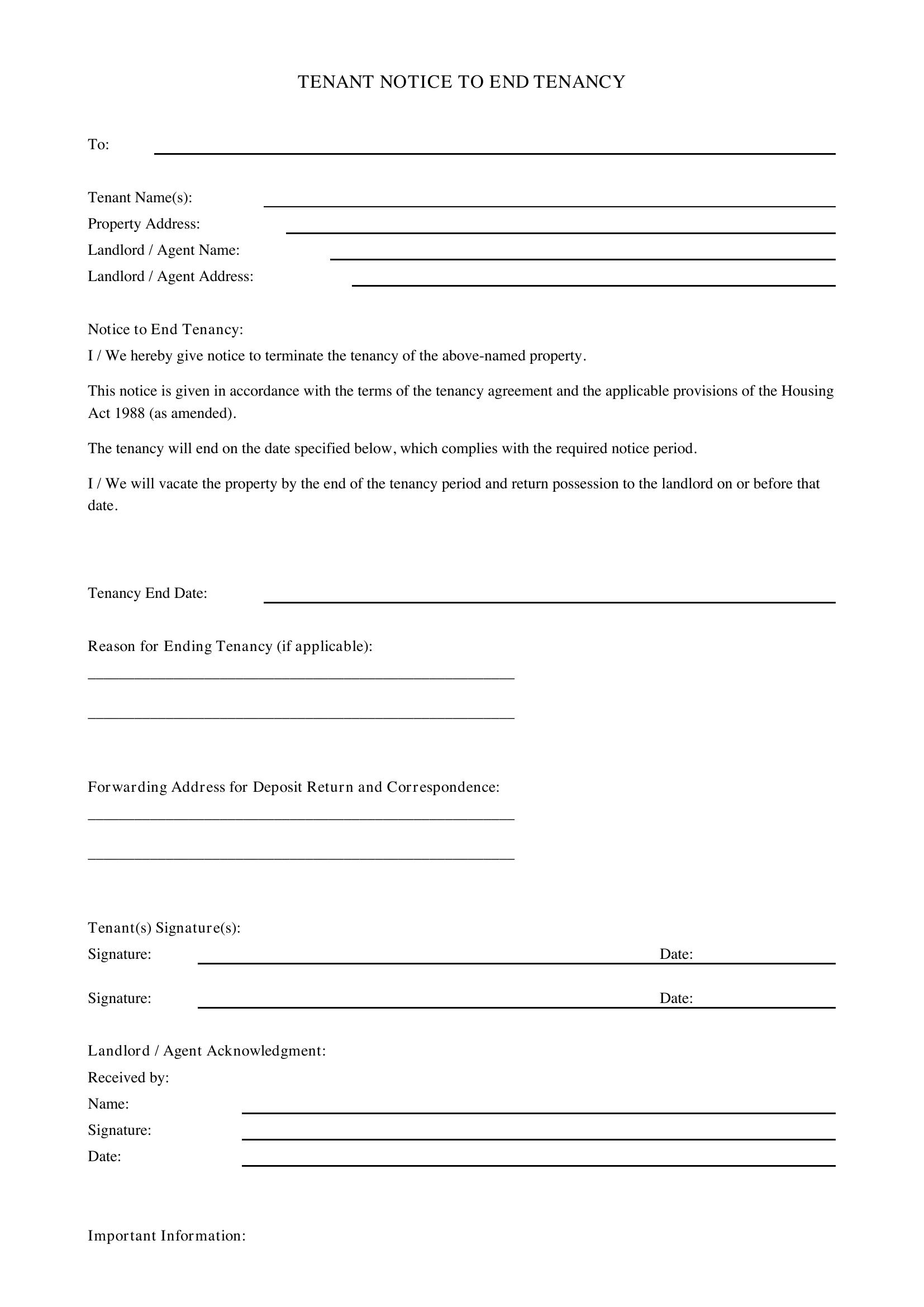 Tenant Notice To End Tenancy Letter Template - UK