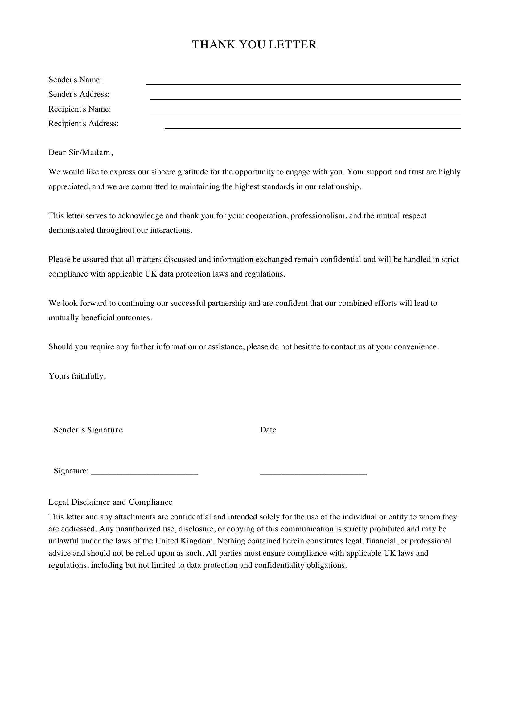 Thank You Letter Template - UK