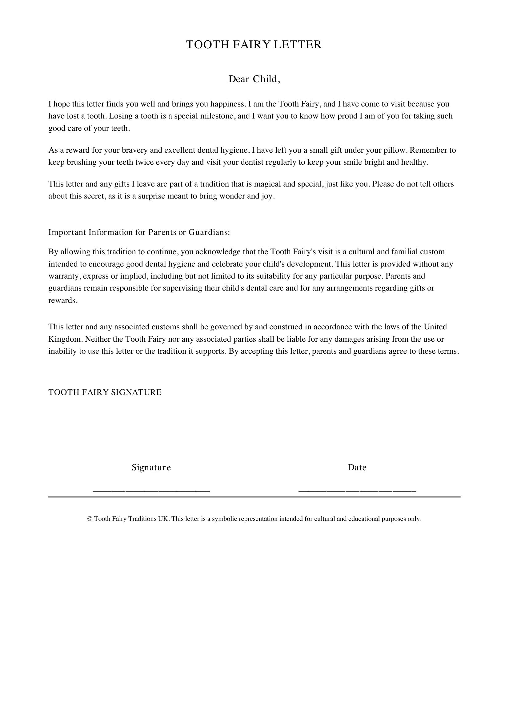 Tooth Fairy Letter Template - UK