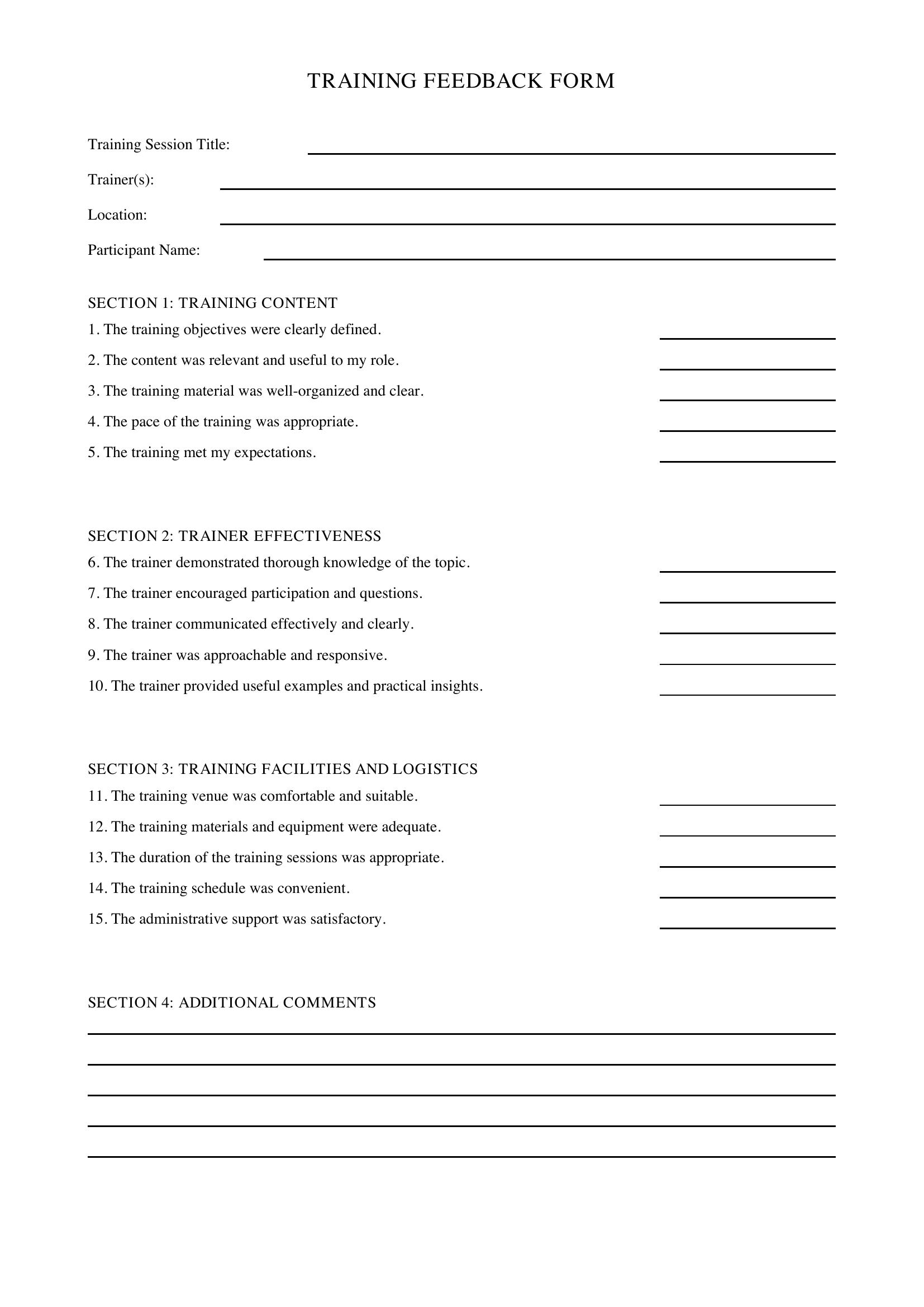 Training Feedback Form Template - UK
