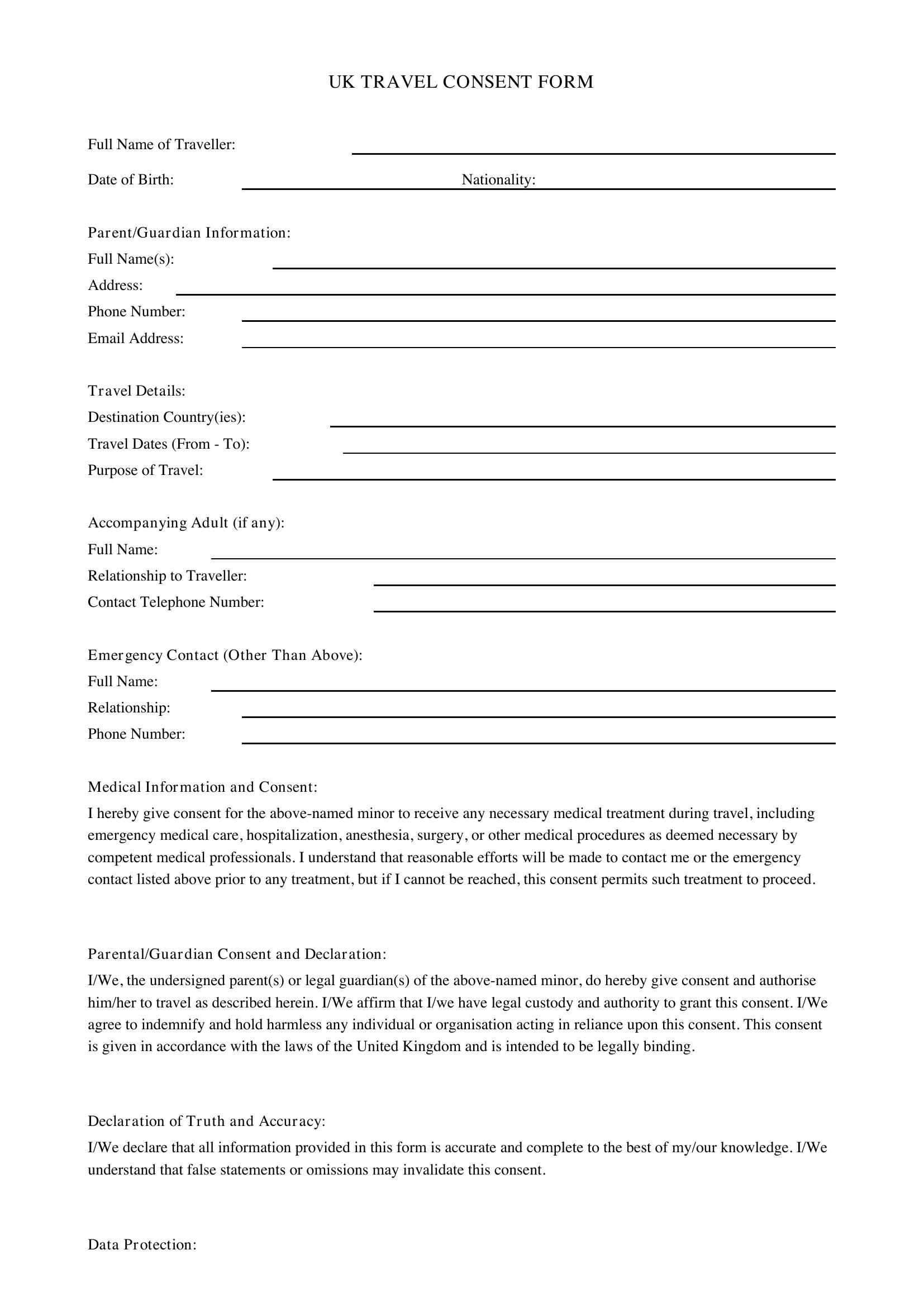 Travel Consent Form Template - UK