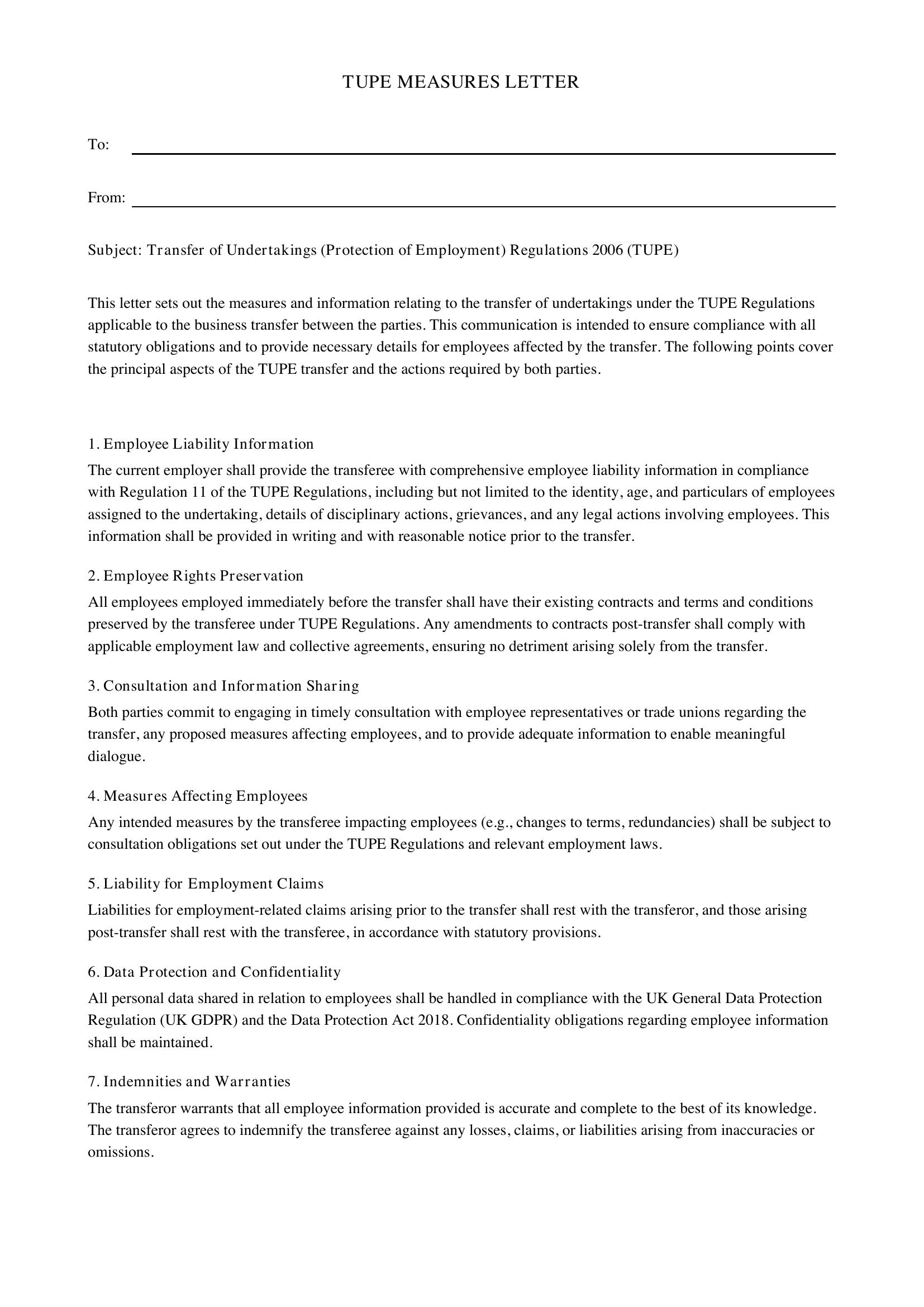 Tupe Measures Letter Template - UK