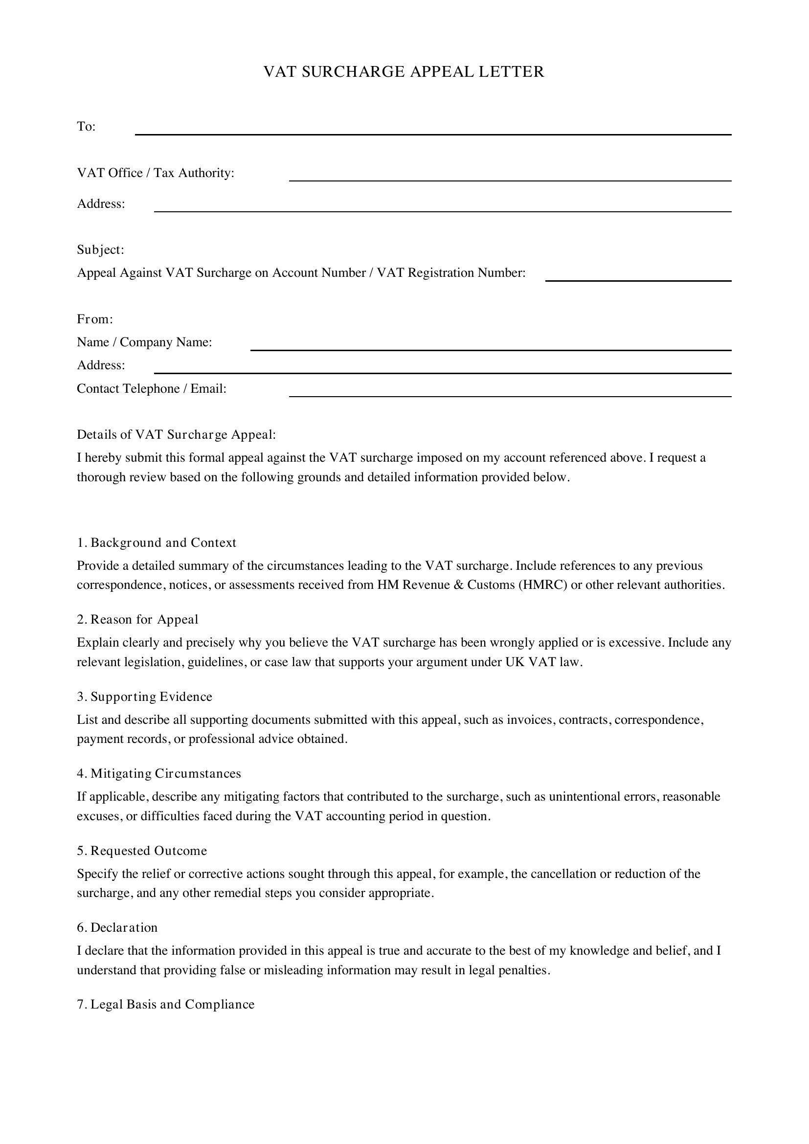 Vat Surcharge Appeal Letter Template - UK