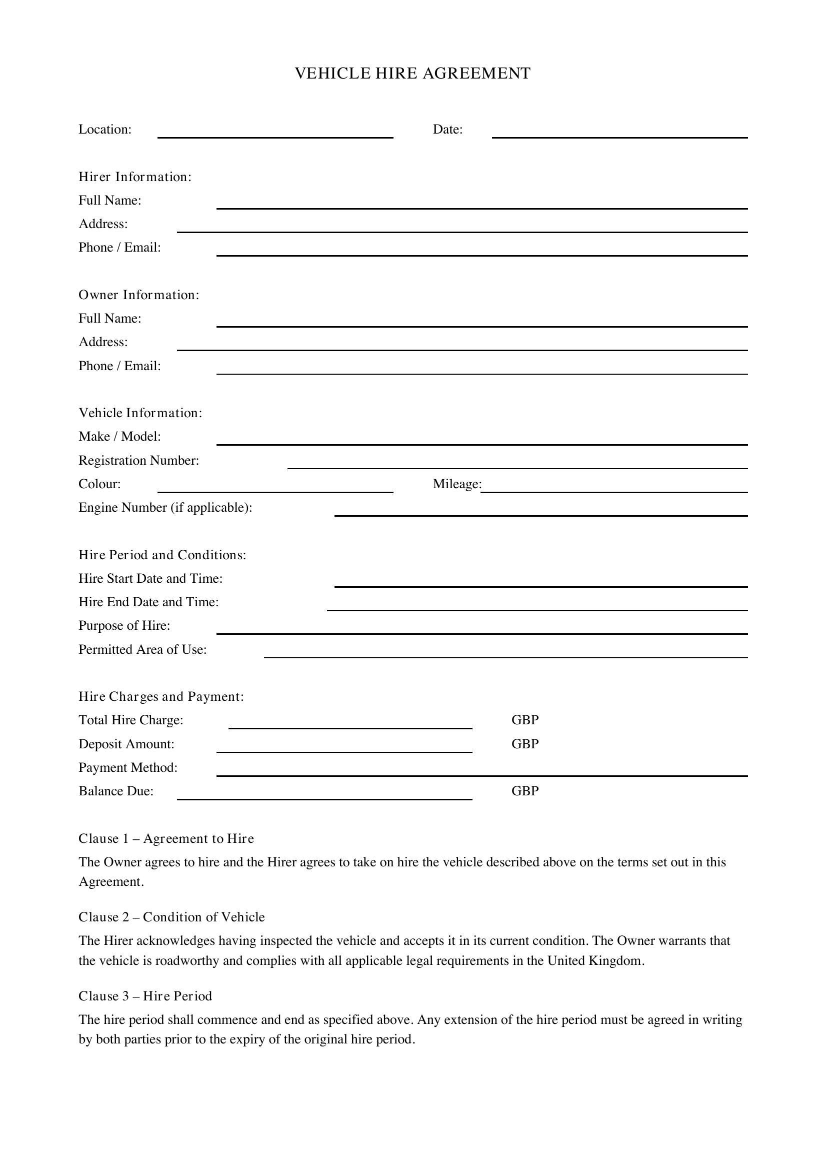 Vehicle Hire Agreement Template - UK