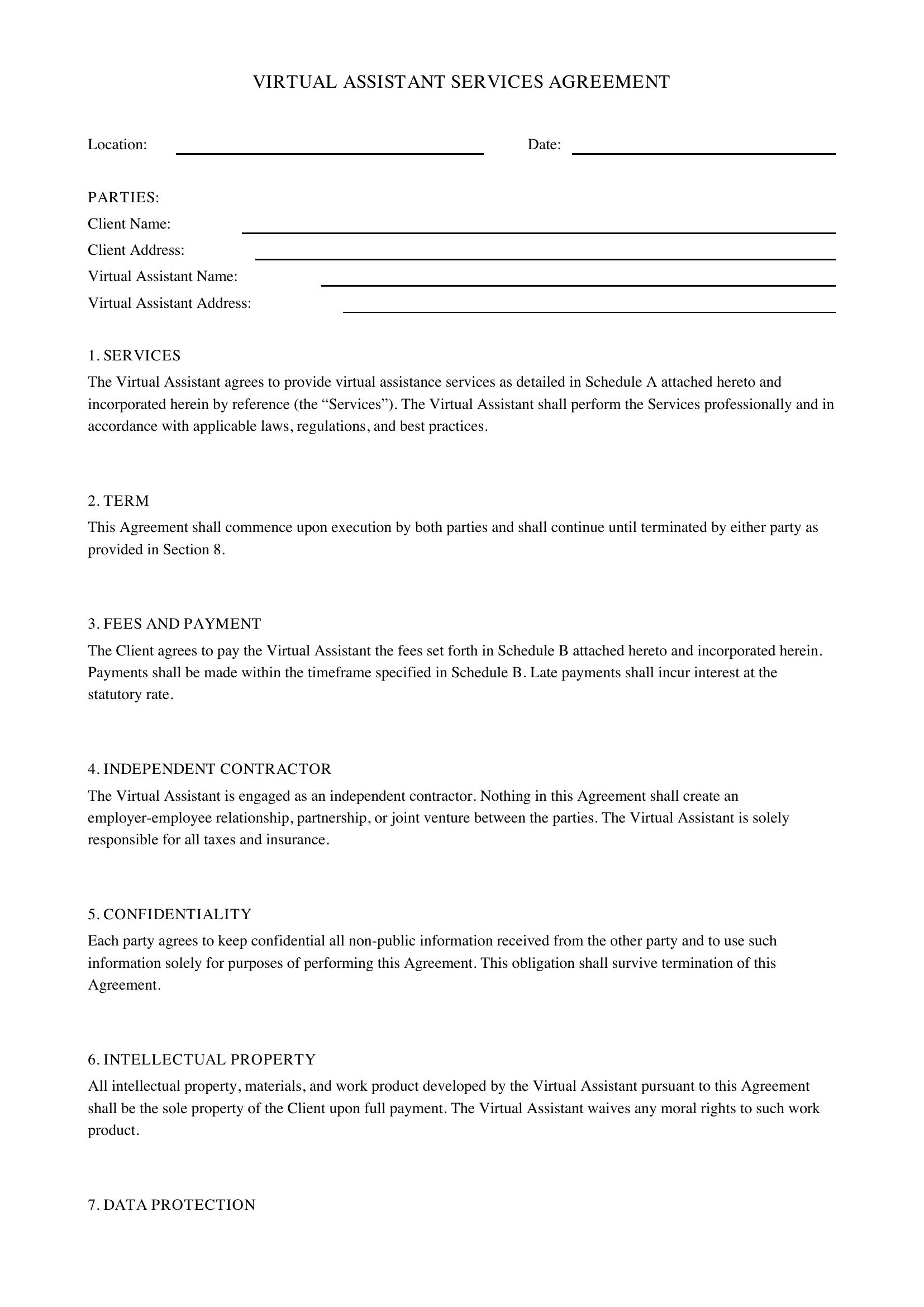 Virtual Assistant Contract Template - UK