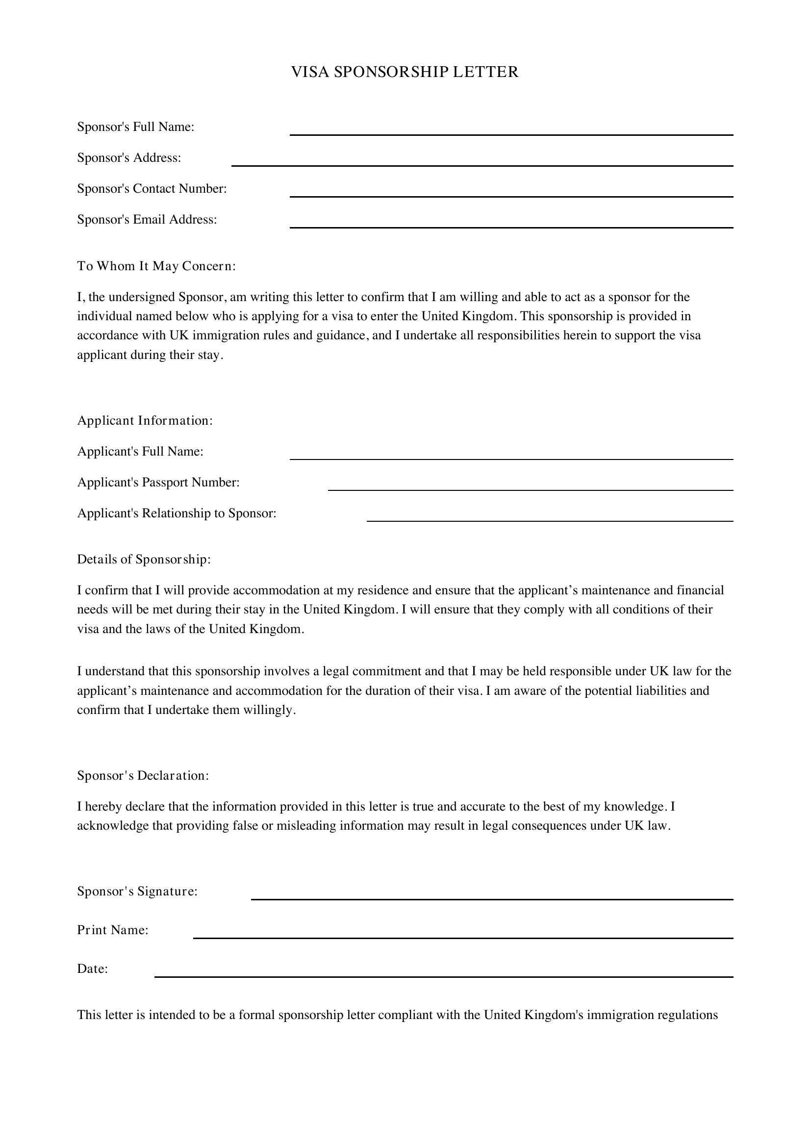 Visa Sponsorship Letter Template - UK
