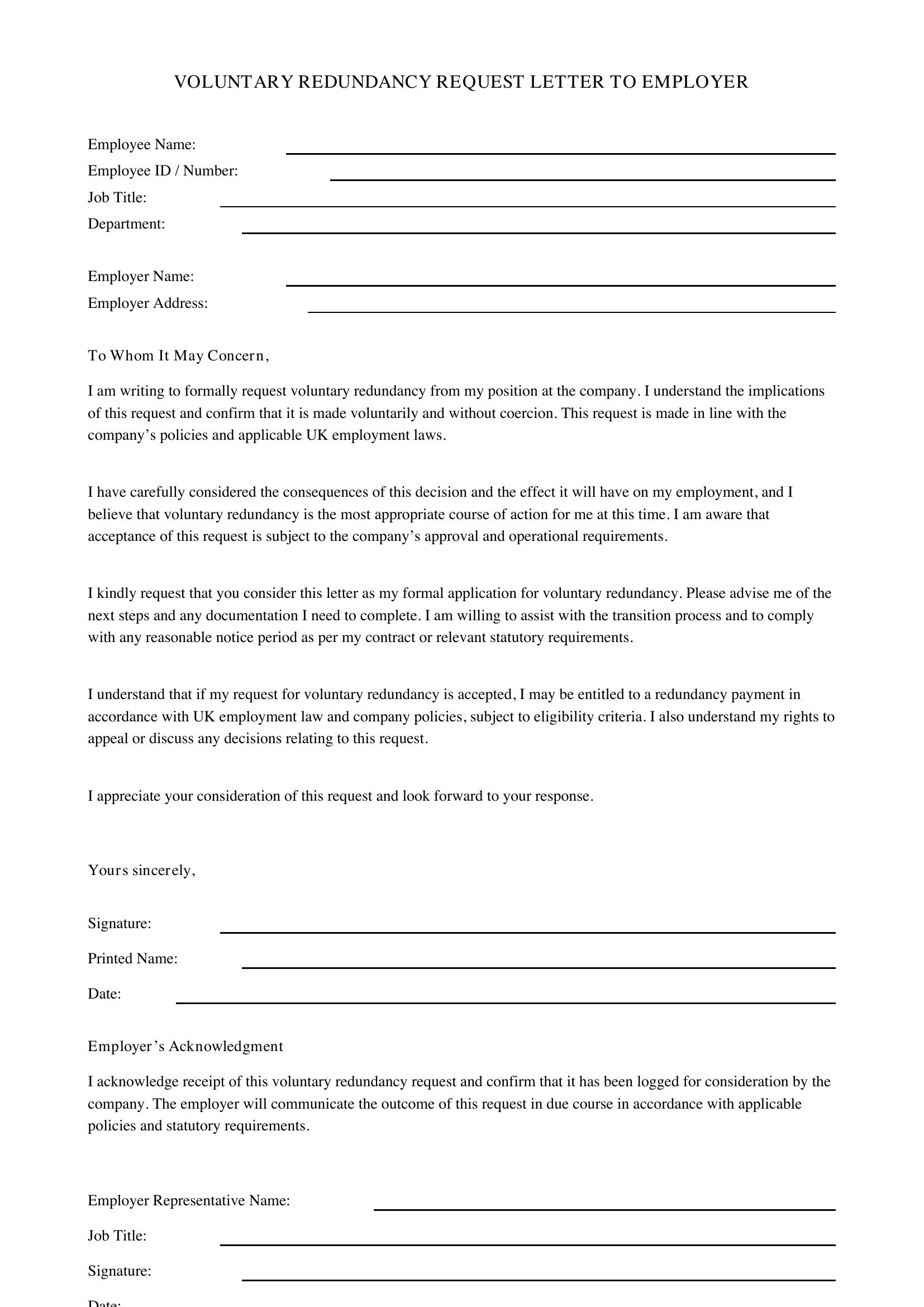 Voluntary Redundancy Request Letter To Employer Template - UK