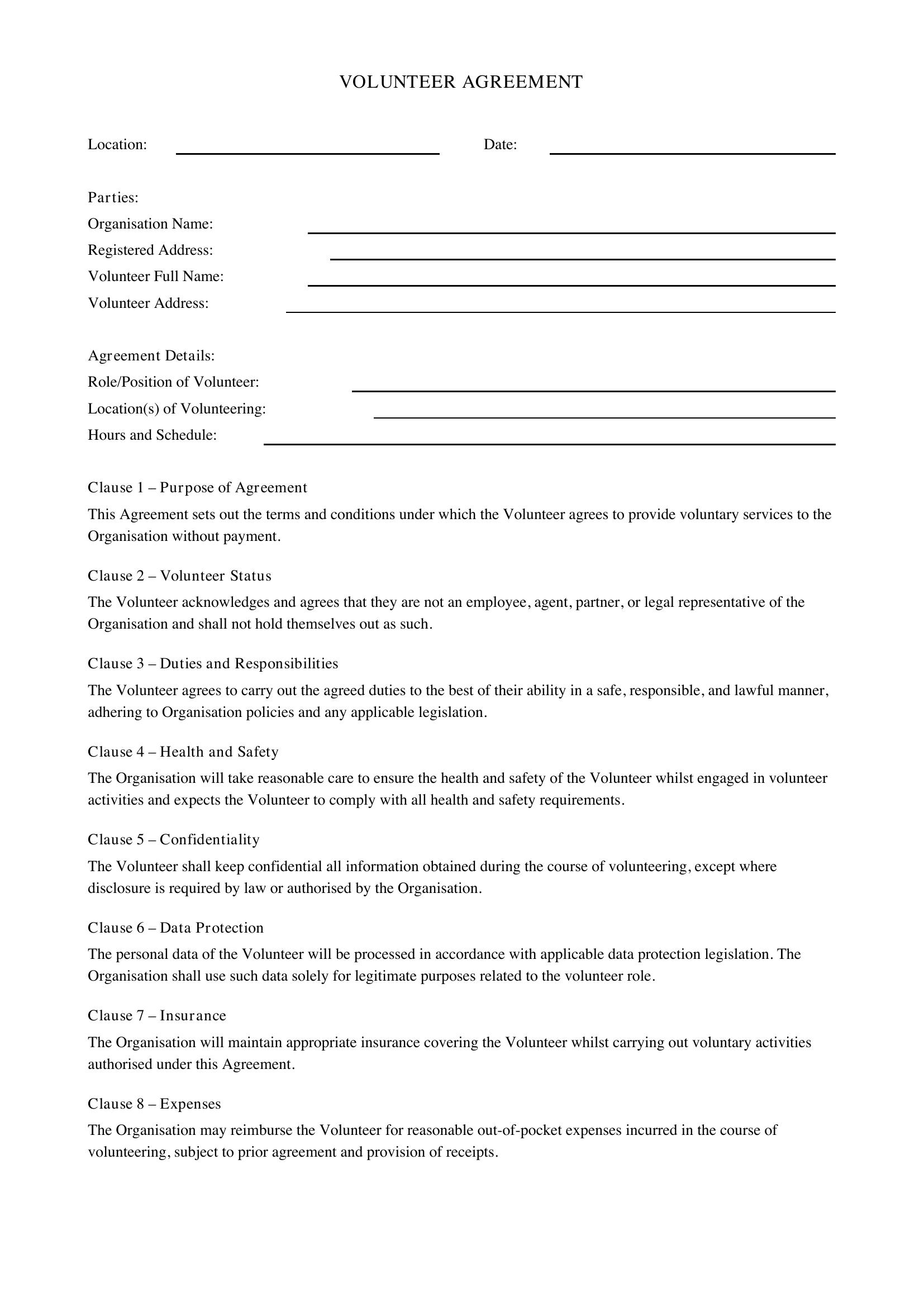 Volunteer Agreement Template - UK