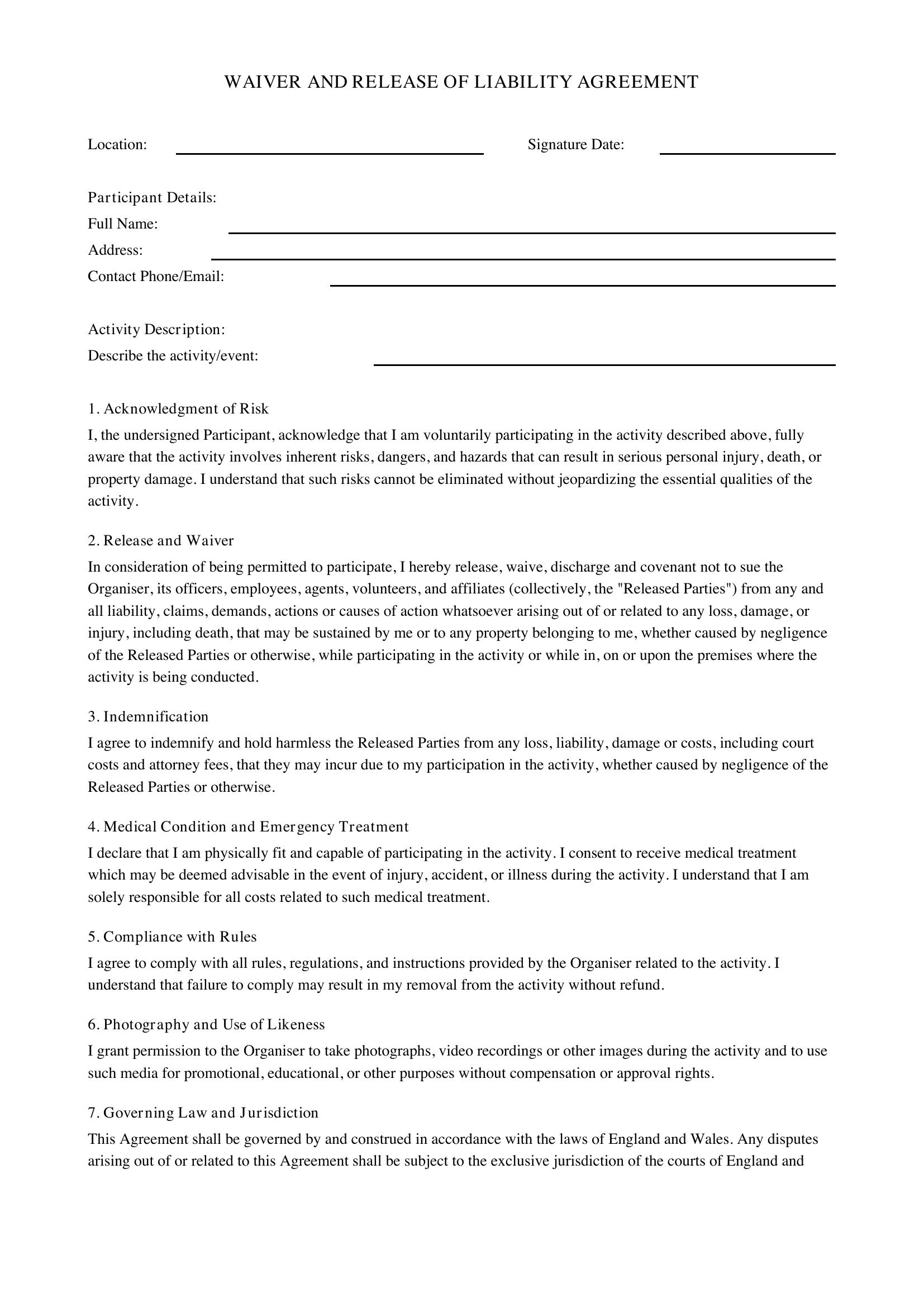 Waiver Form Template - UK