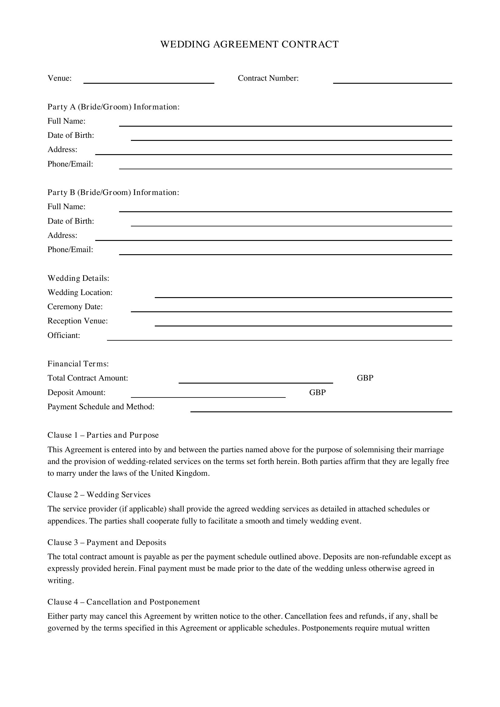Wedding Contract Template - UK