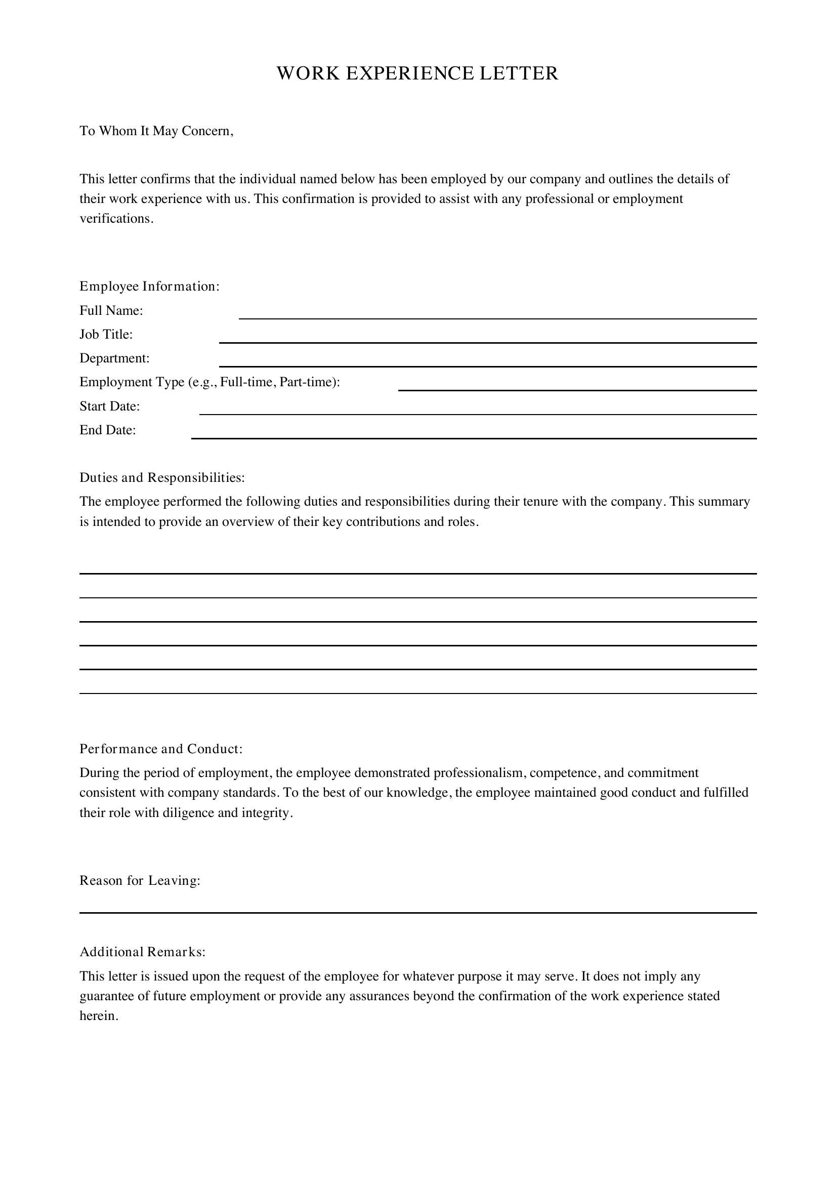 Work Experience Letter Template - UK