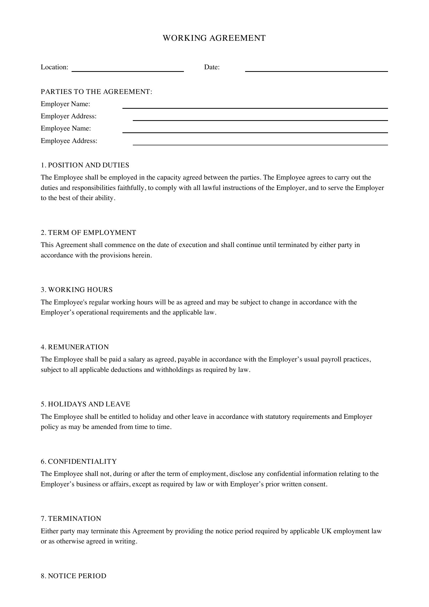 Working Agreement Template - UK